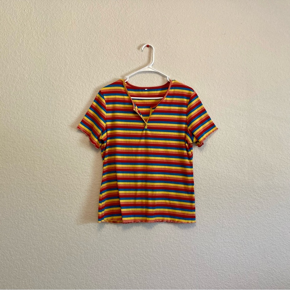 rainbow striped short sleeve shirt with ruffled sleeves